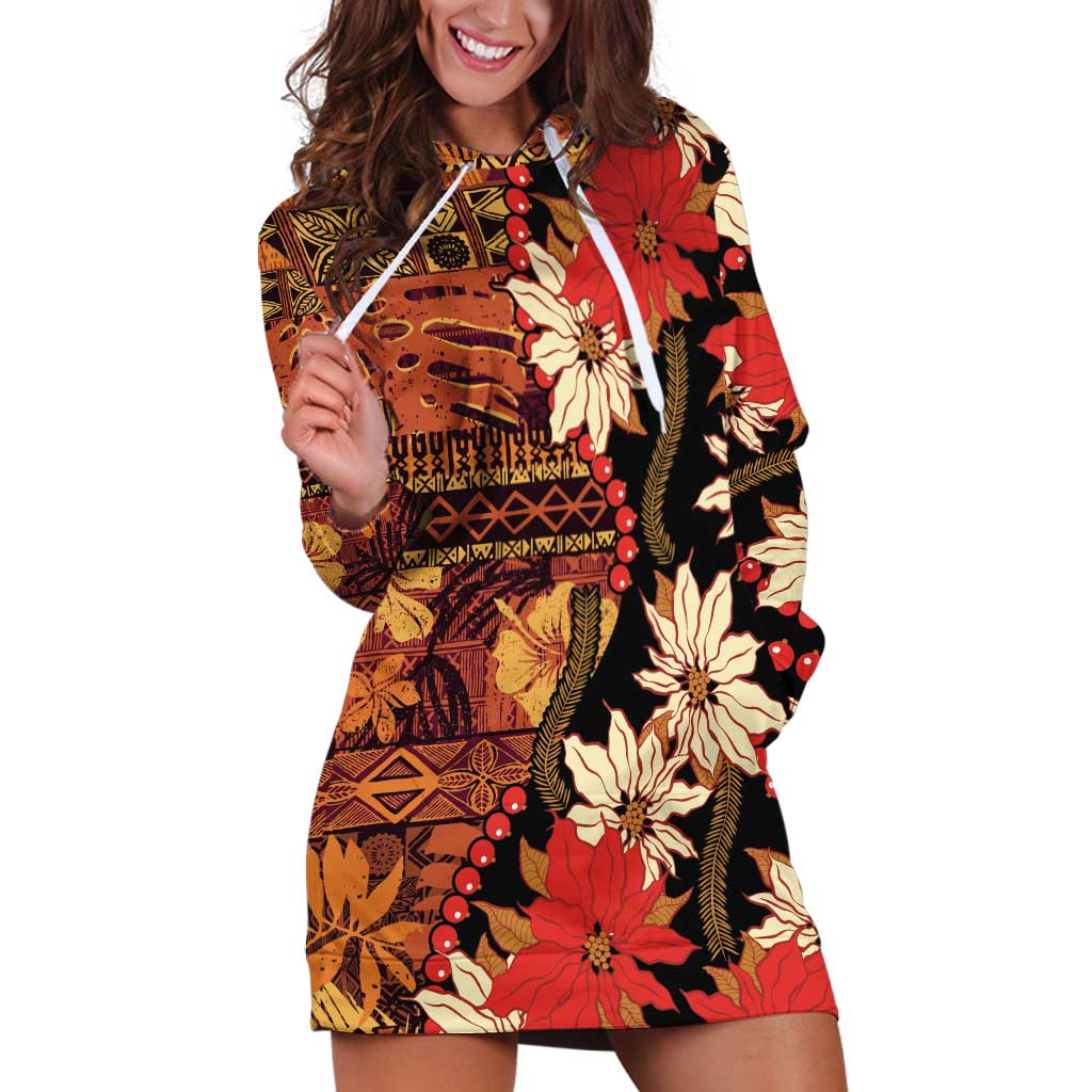 Hawaii Christmas Poinsettia Lei Hoodie Dress Tapa Pattern - Polynesian Pride