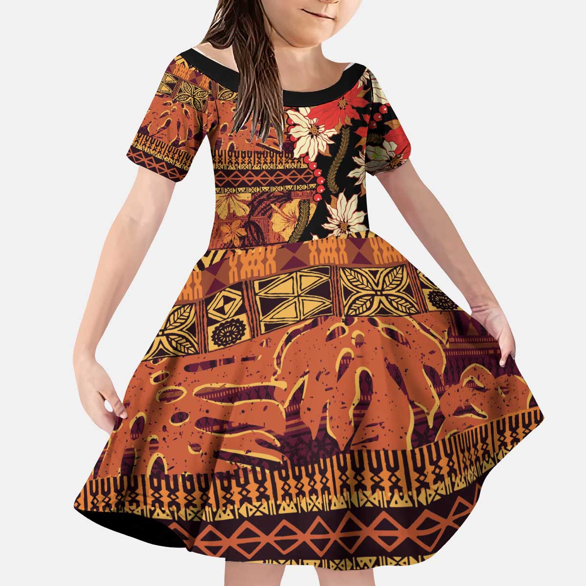 Hawaii Christmas Poinsettia Lei Kid Short Sleeve Dress Tapa Pattern - Polynesian Pride
