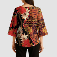 Hawaii Christmas Poinsettia Lei Kimono Sleeve Blouse Tapa Pattern - Polynesian Pride