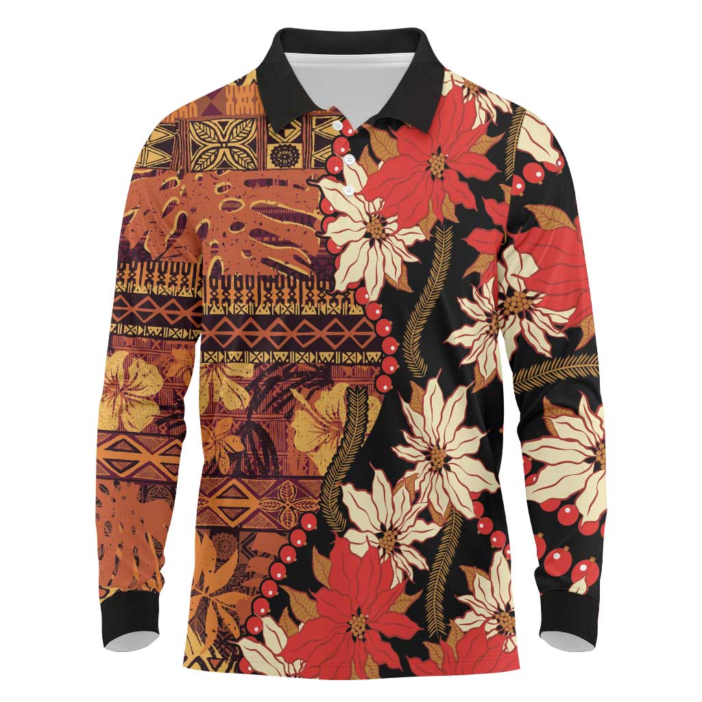 Hawaii Christmas Poinsettia Lei Long Sleeve Polo Shirt Tapa Pattern - Polynesian Pride