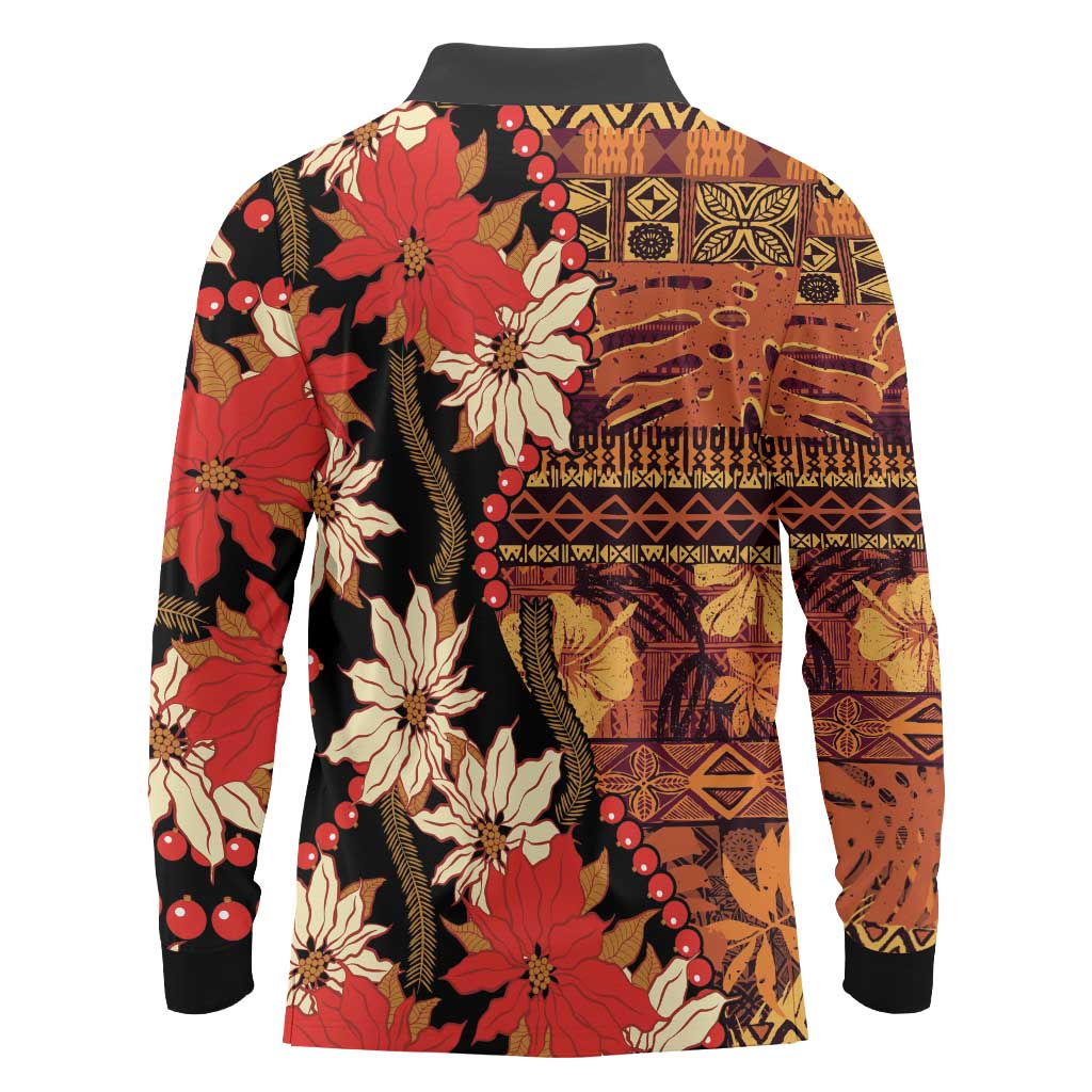 Hawaii Christmas Poinsettia Lei Long Sleeve Polo Shirt Tapa Pattern - Polynesian Pride