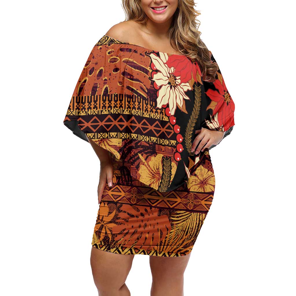 Hawaii Christmas Poinsettia Lei Off Shoulder Short Dress Tapa Pattern - Polynesian Pride