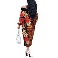 Hawaii Christmas Poinsettia Lei Off The Shoulder Long Sleeve Dress Tapa Pattern - Polynesian Pride