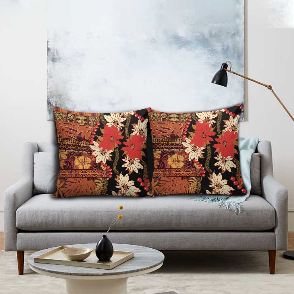 Hawaii Christmas Poinsettia Lei Pillow Cover Tapa Pattern - Polynesian Pride