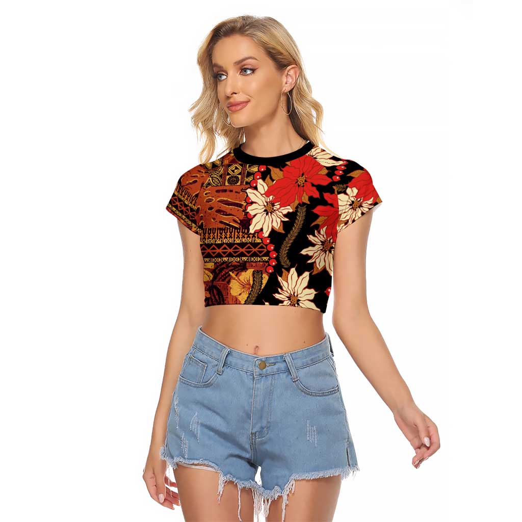 Hawaii Christmas Poinsettia Lei Raglan Cropped T Shirt Tapa Pattern - Polynesian Pride
