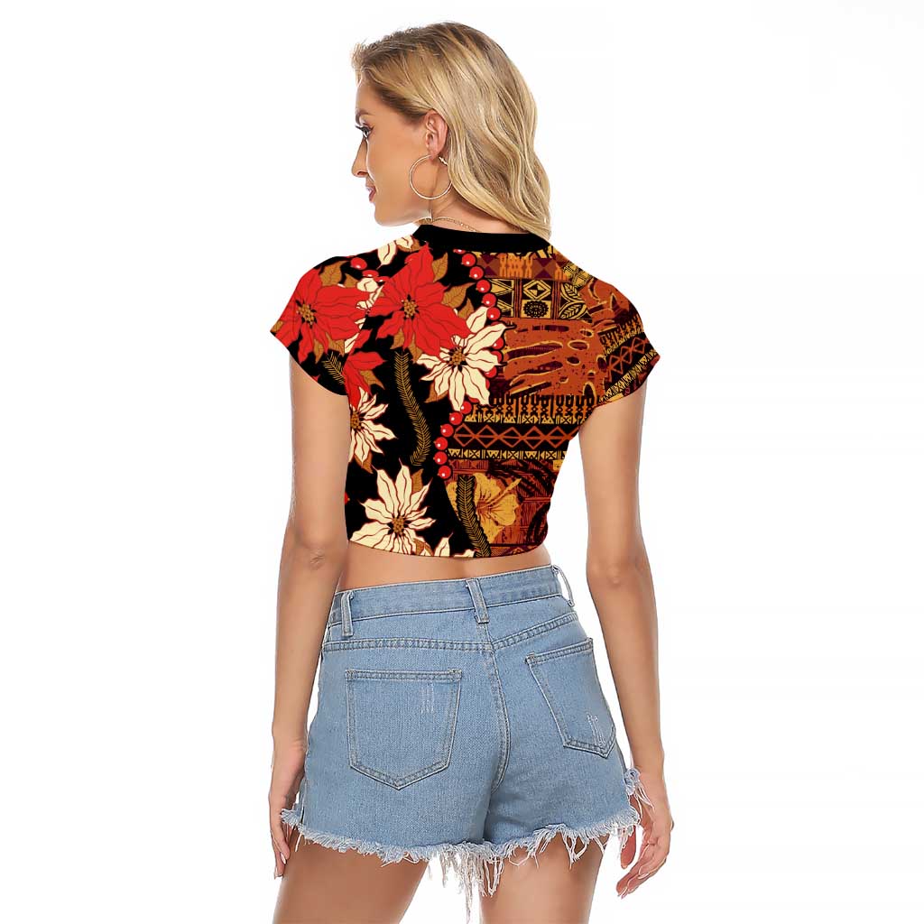Hawaii Christmas Poinsettia Lei Raglan Cropped T Shirt Tapa Pattern - Polynesian Pride
