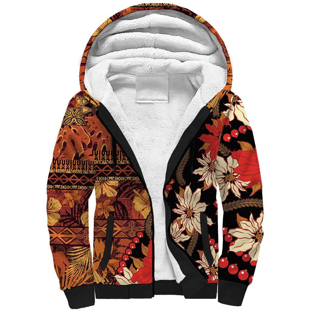 Hawaii Christmas Poinsettia Lei Sherpa Hoodie Tapa Pattern - Polynesian Pride