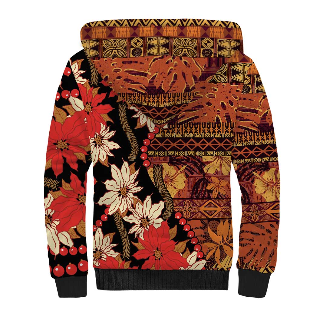 Hawaii Christmas Poinsettia Lei Sherpa Hoodie Tapa Pattern - Polynesian Pride