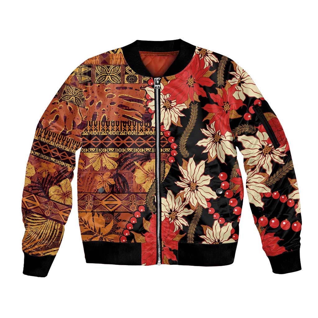 Hawaii Christmas Poinsettia Lei Sleeve Zip Bomber Jacket Tapa Pattern - Polynesian Pride