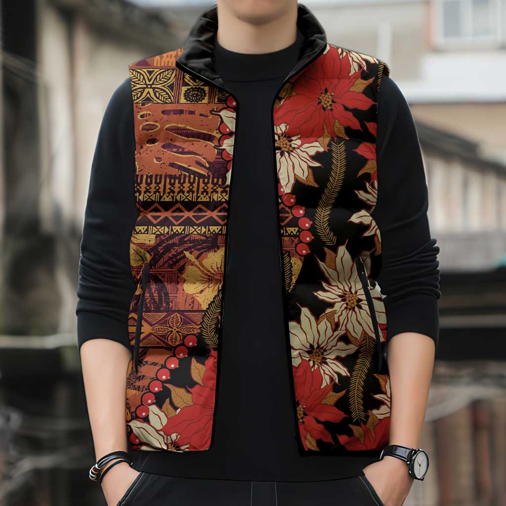Hawaii Christmas Poinsettia Lei Sleeveless Puffer Jacket Tapa Pattern - Polynesian Pride