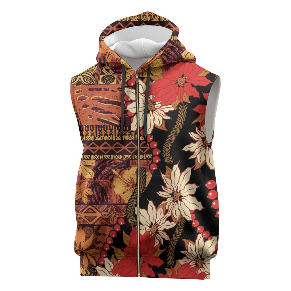 Hawaii Christmas Poinsettia Lei Sleeveless Zip Hoodie Tapa Pattern - Polynesian Pride
