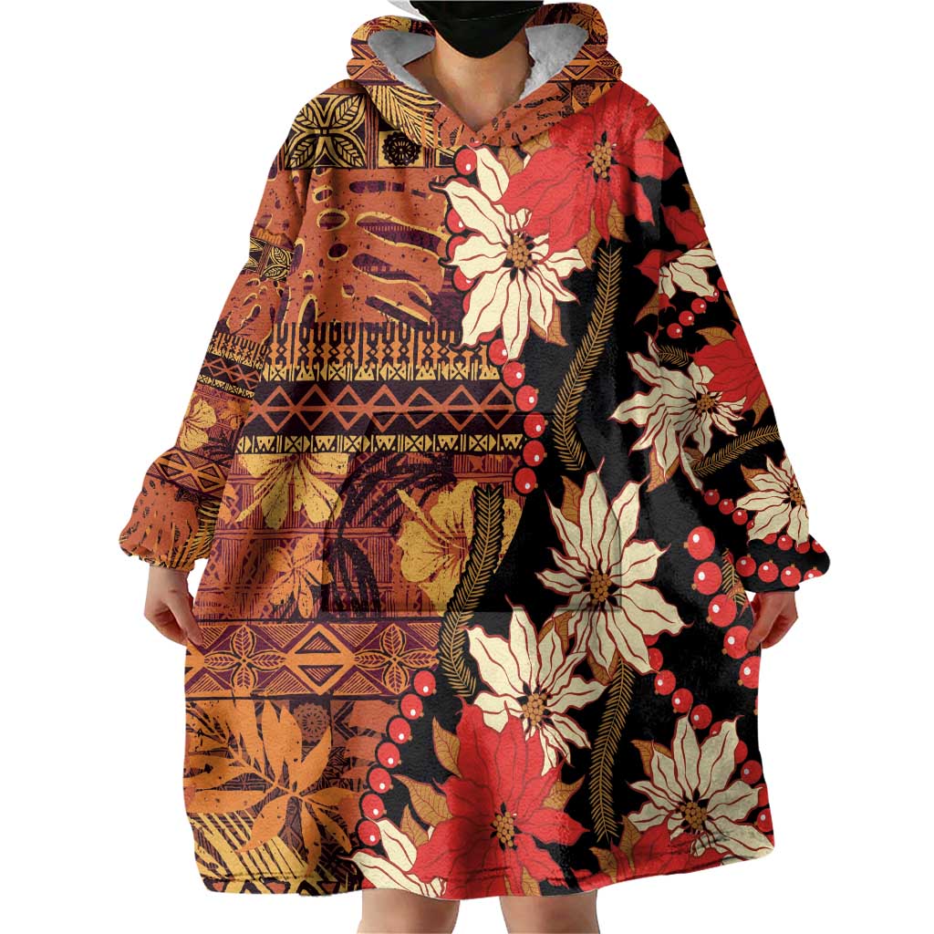 Hawaii Christmas Poinsettia Lei Wearable Blanket Hoodie Tapa Pattern - Polynesian Pride