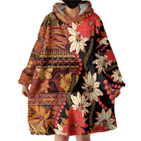 Hawaii Christmas Poinsettia Lei Wearable Blanket Hoodie Tapa Pattern - Polynesian Pride