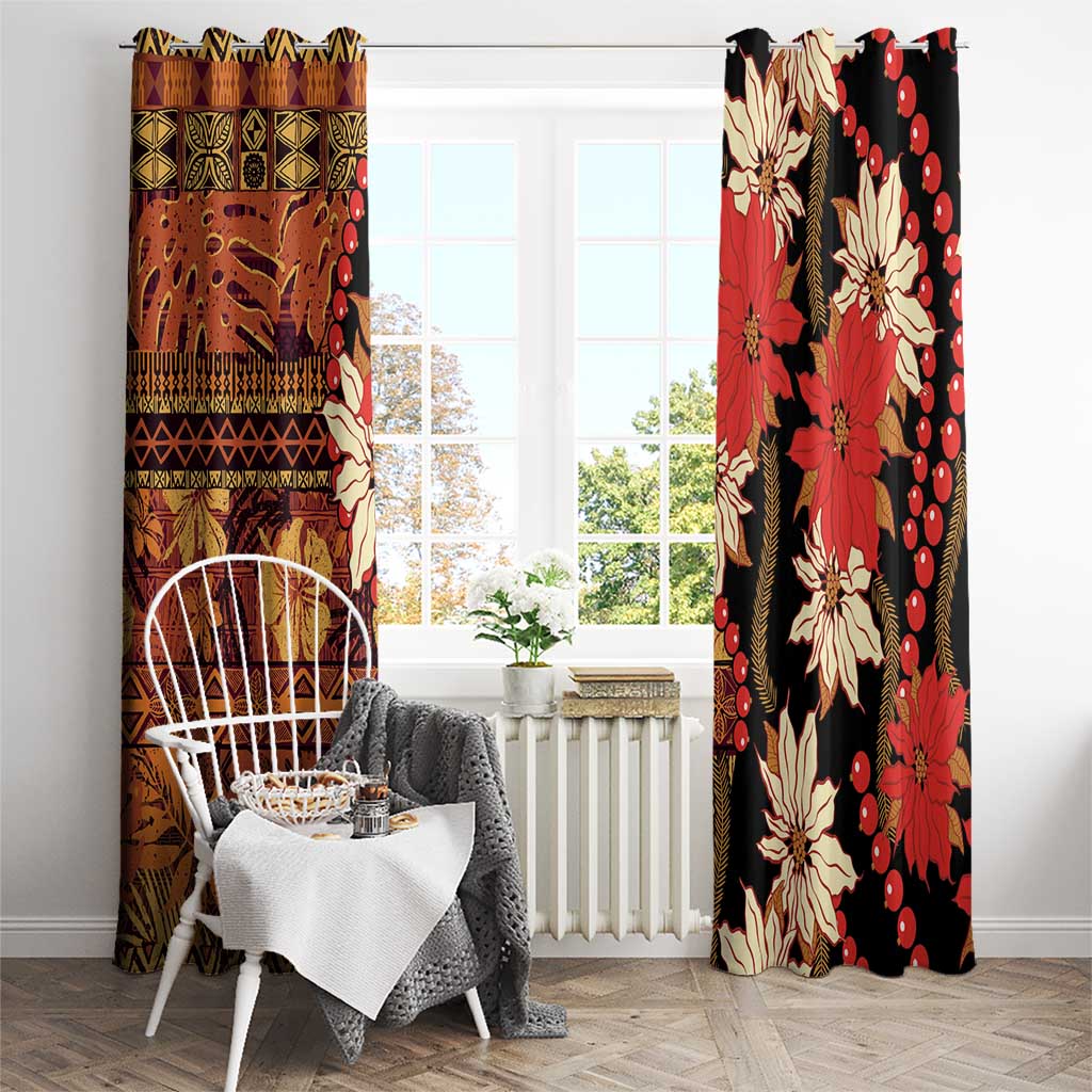 Hawaii Christmas Poinsettia Lei Window Curtain Tapa Pattern - Polynesian Pride