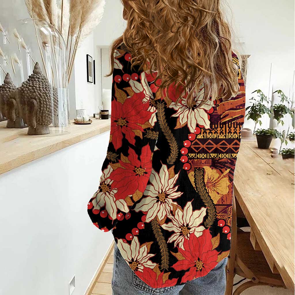 Hawaii Christmas Poinsettia Lei Women Casual Shirt Tapa Pattern - Polynesian Pride