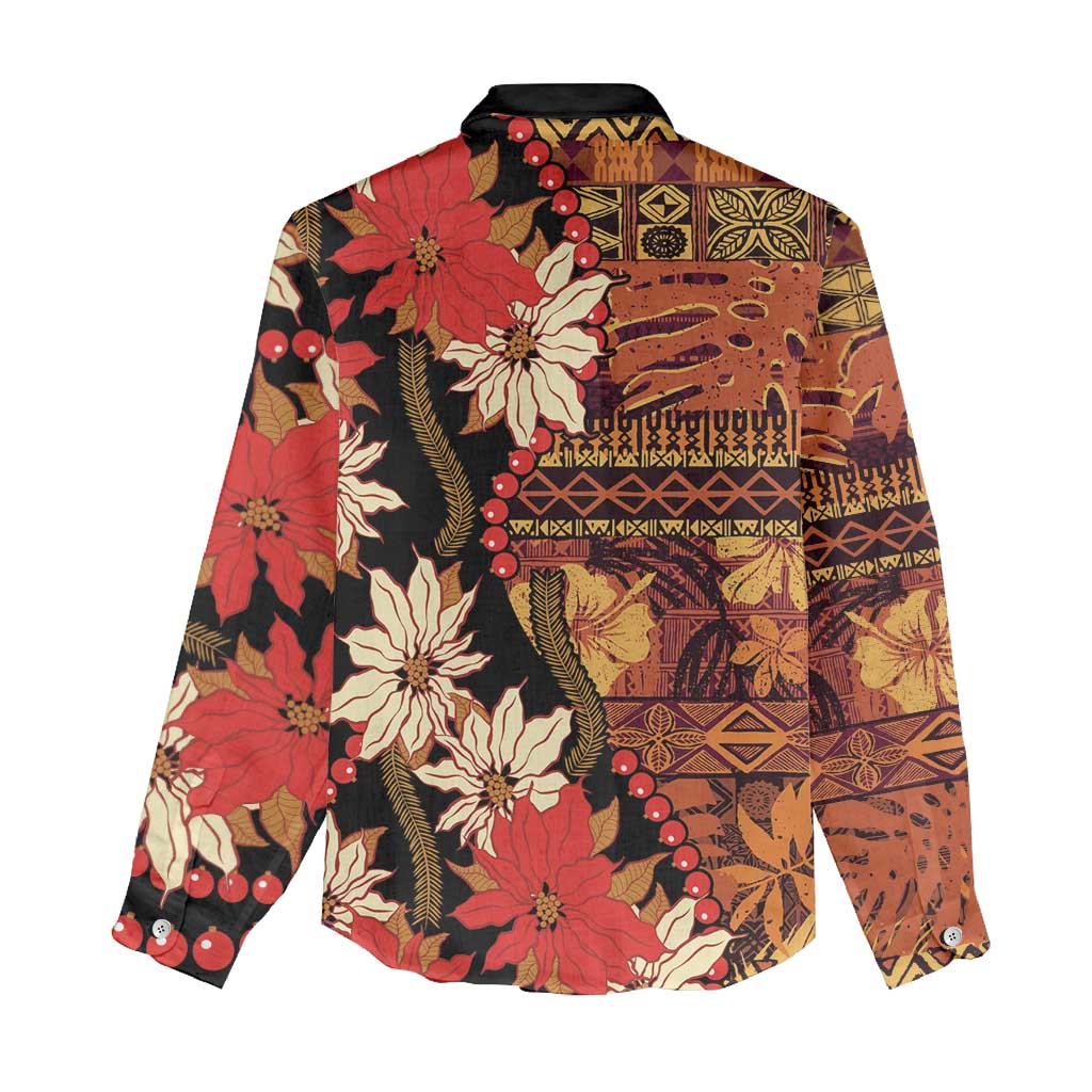 Hawaii Christmas Poinsettia Lei Women Casual Shirt Tapa Pattern - Polynesian Pride