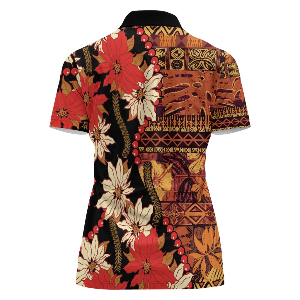 Hawaii Christmas Poinsettia Lei Women Polo Shirt Tapa Pattern - Polynesian Pride