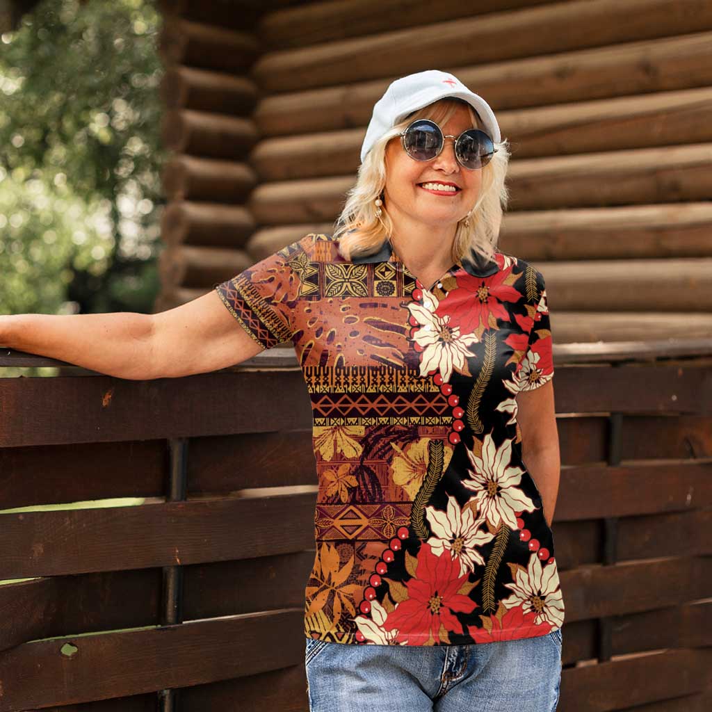 Hawaii Christmas Poinsettia Lei Women Polo Shirt Tapa Pattern - Polynesian Pride