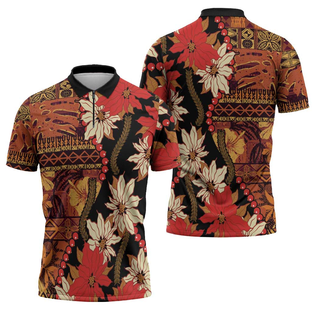Hawaii Christmas Poinsettia Lei Zipper Polo Shirt Tapa Pattern - Polynesian Pride