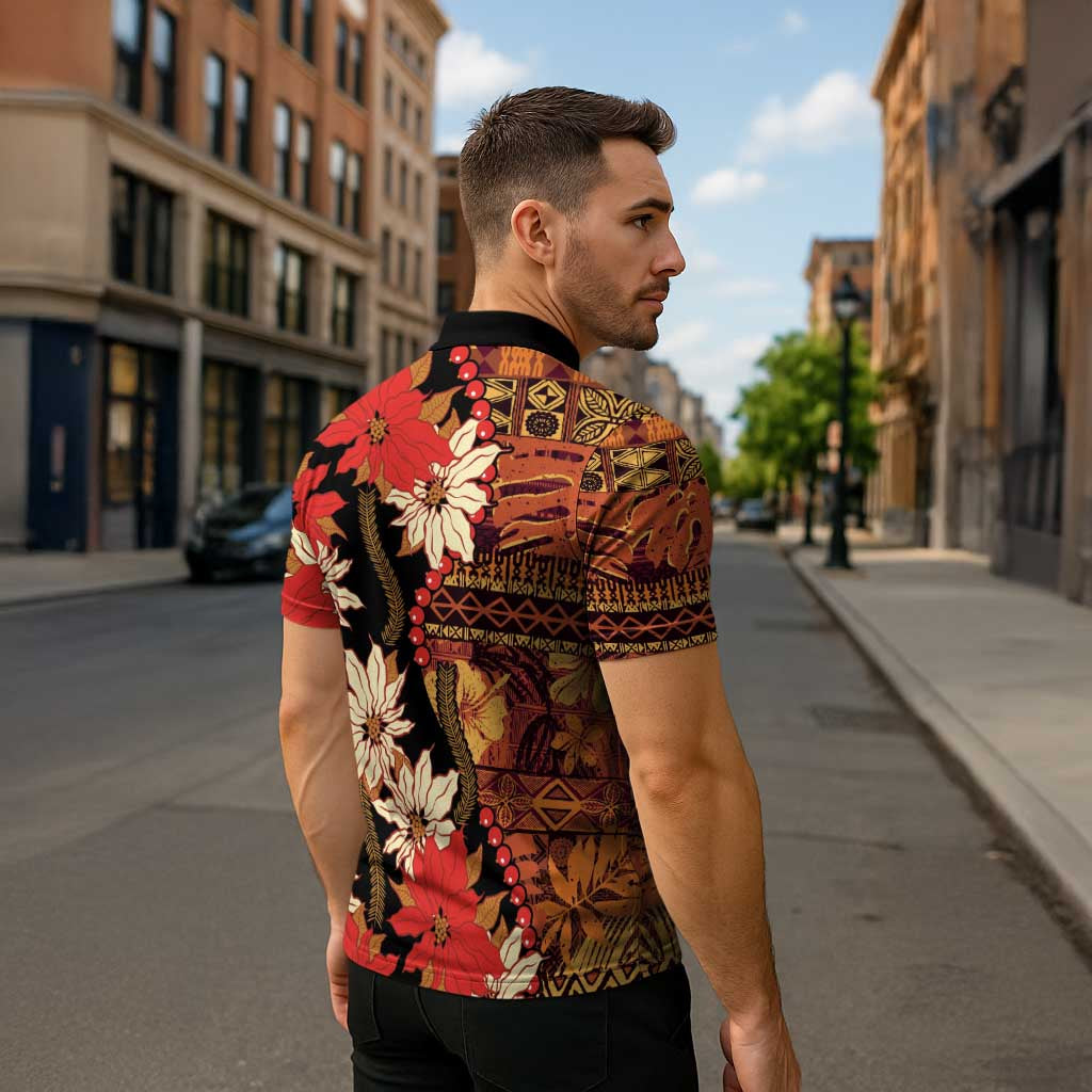 Hawaii Christmas Poinsettia Lei Zipper Polo Shirt Tapa Pattern - Polynesian Pride