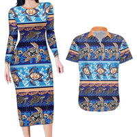 Hawaii Turtles Pattern Special Blue Couples Matching Long Sleeve Bodycon Dress and Hawaiian Shirt LT01 Blue - Polynesian Pride