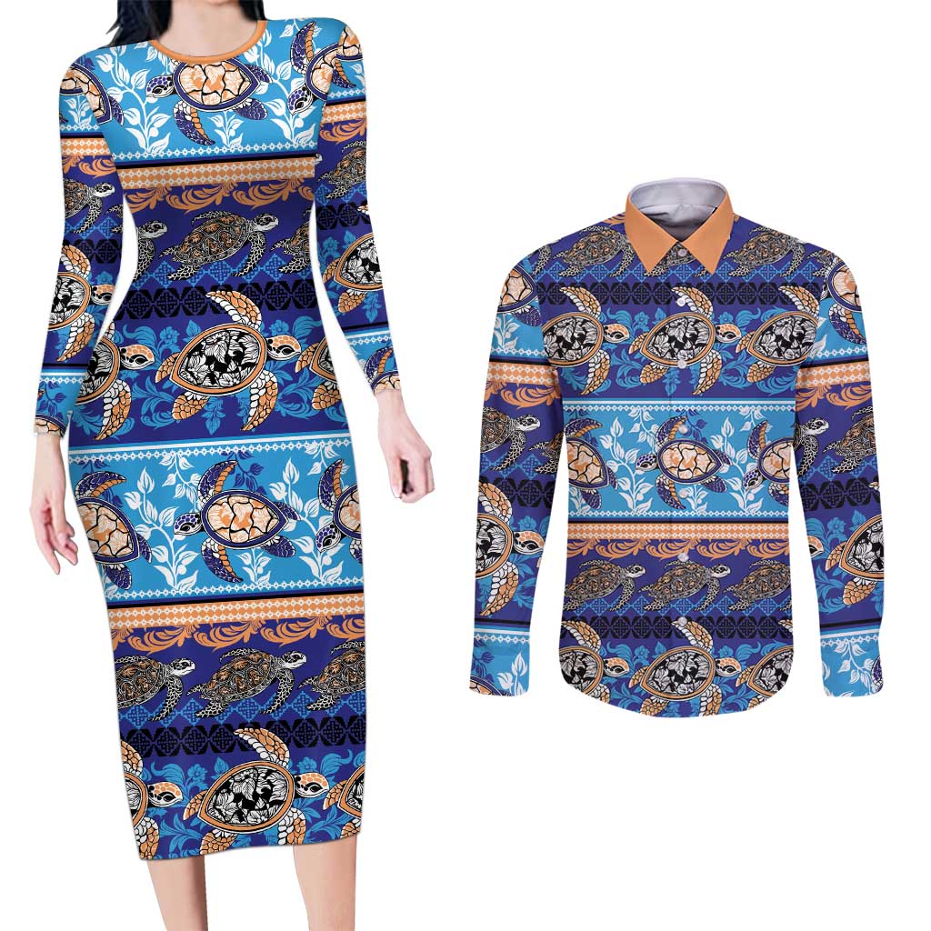 Hawaii Turtles Pattern Special Blue Couples Matching Long Sleeve Bodycon Dress and Long Sleeve Button Shirt - Polynesian Pride