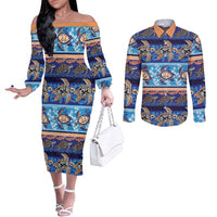 Hawaii Turtles Pattern Special Blue Couples Matching Off The Shoulder Long Sleeve Dress and Long Sleeve Button Shirt LT01 Blue - Polynesian Pride
