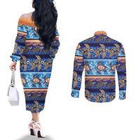 Hawaii Turtles Pattern Special Blue Couples Matching Off The Shoulder Long Sleeve Dress and Long Sleeve Button Shirt LT01 - Polynesian Pride