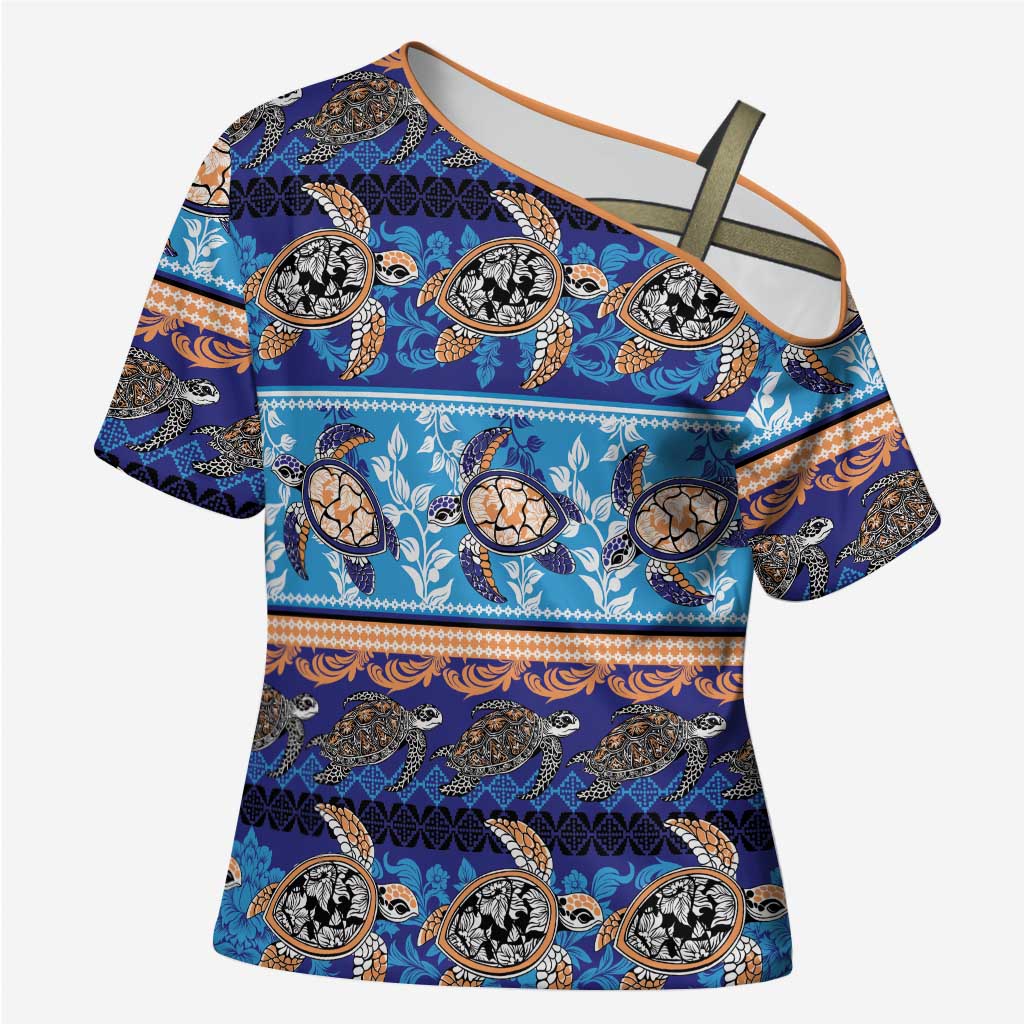 Hawaii Turtles Pattern Special Blue Cross Shoulder Shirt - Polynesian Pride