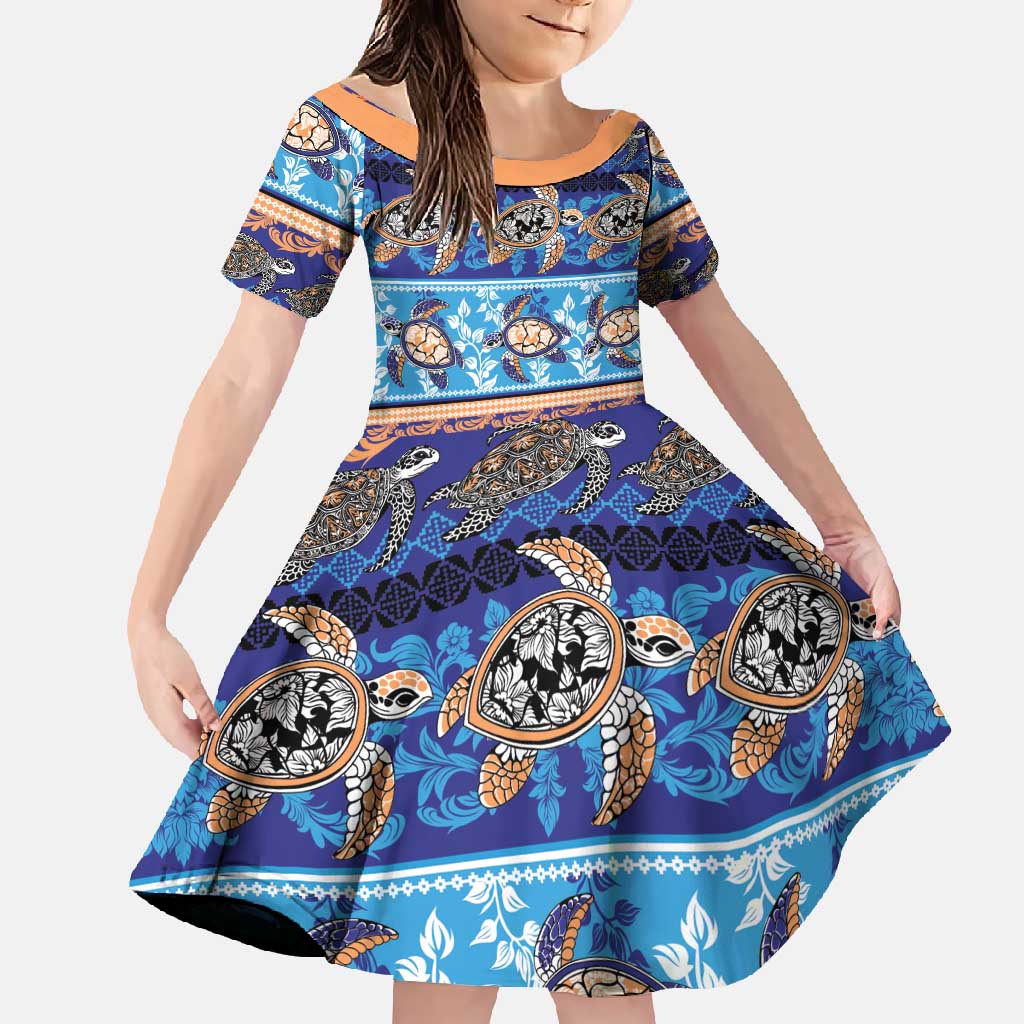 Hawaii Turtles Pattern Special Blue Family Matching Long Sleeve Bodycon Dress and Hawaiian Shirt LT01 Daughter's Dress Blue - Polynesian Pride