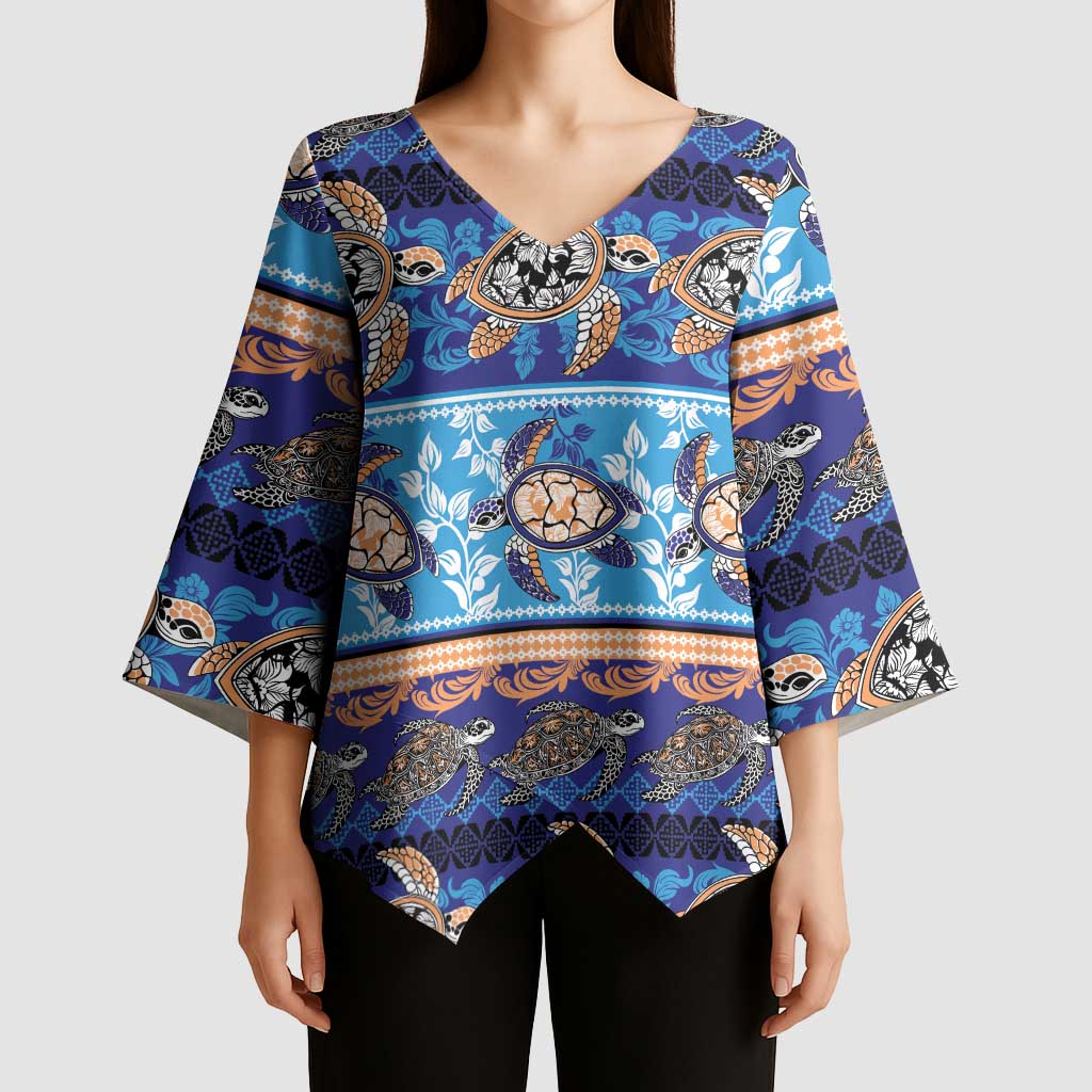 Hawaii Turtles Pattern Special Blue Kimono Sleeve Blouse - Polynesian Pride
