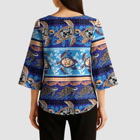 Hawaii Turtles Pattern Special Blue Kimono Sleeve Blouse - Polynesian Pride