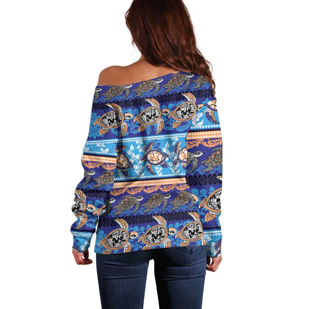 Hawaii Turtles Pattern Special Blue Off Shoulder Sweater - Polynesian Pride