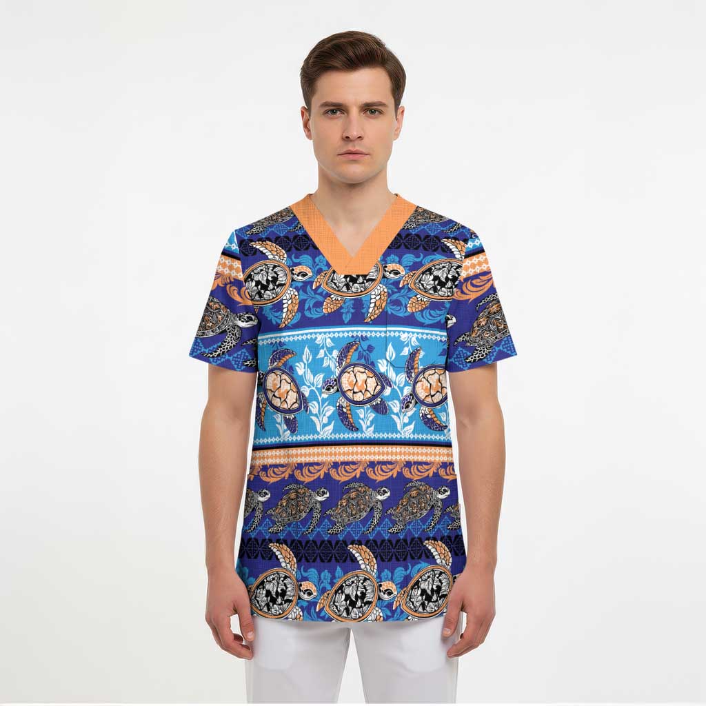 Hawaii Turtles Pattern Special Blue Scrub Top - Polynesian Pride
