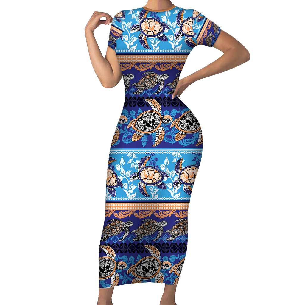 Hawaii Turtles Pattern Special Blue Short Sleeve Bodycon Dress - Polynesian Pride