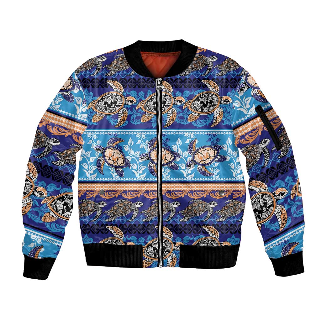 Hawaii Turtles Pattern Special Blue Sleeve Zip Bomber Jacket - Polynesian Pride