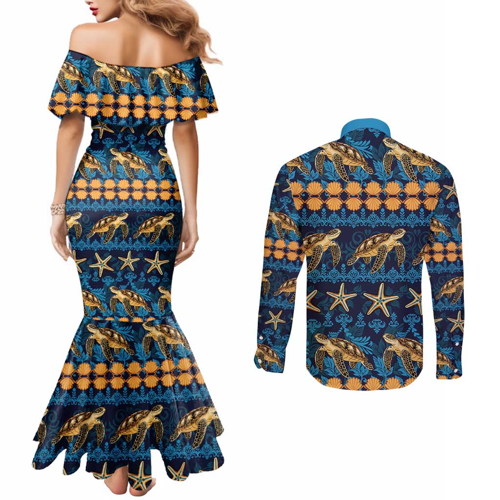 Hawaii Turtles Starfish Unique Pattern Couples Matching Mermaid Dress and Long Sleeve Button Shirt - Polynesian Pride
