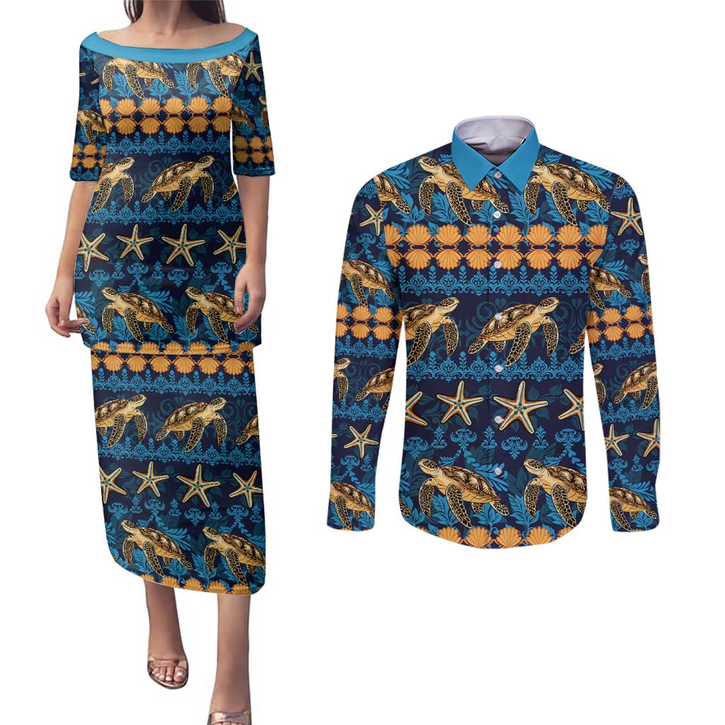 Hawaii Turtles Starfish Unique Pattern Couples Matching Puletasi and Long Sleeve Button Shirt - Polynesian Pride
