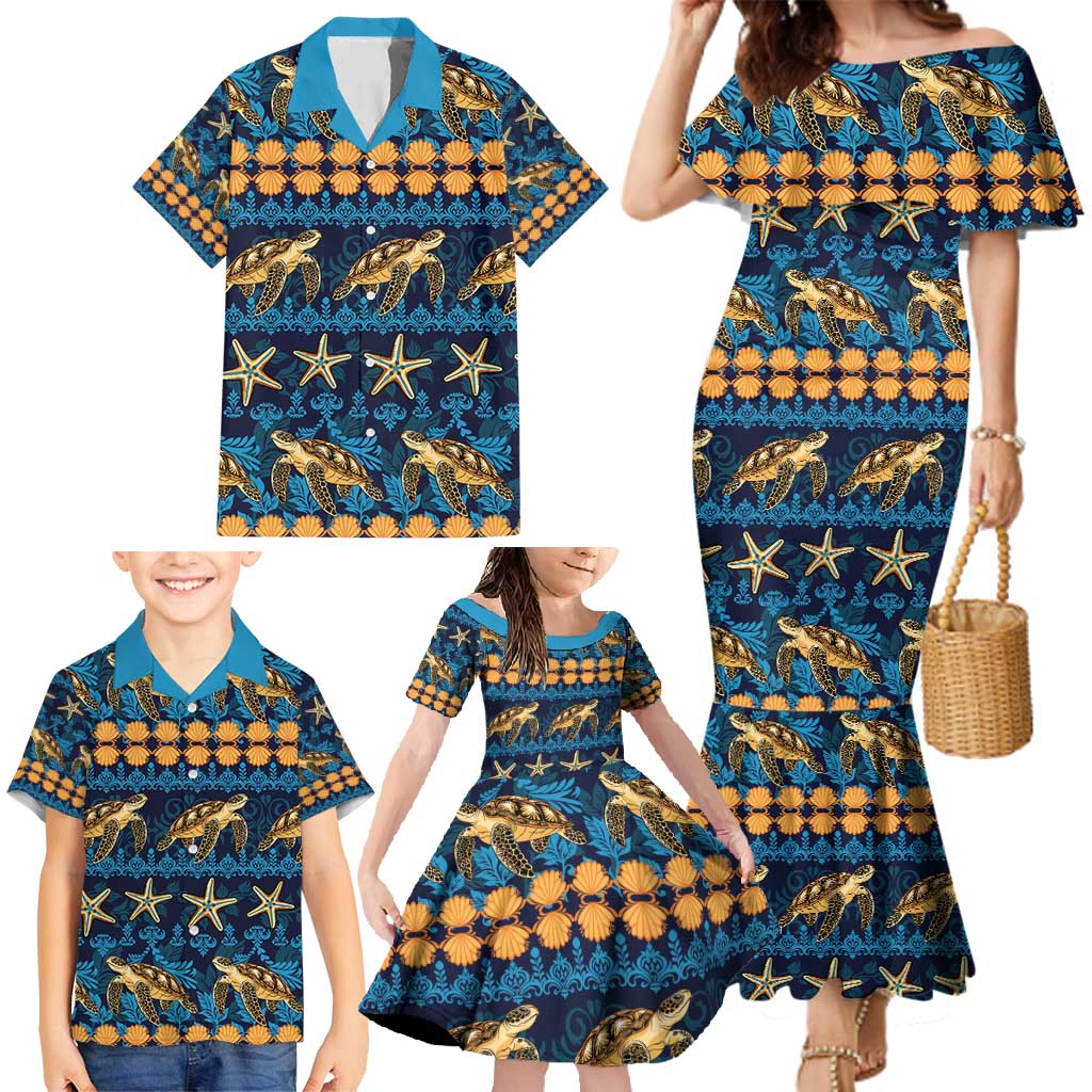 Hawaii Turtles Starfish Unique Pattern Family Matching Mermaid Dress and Hawaiian Shirt - Polynesian Pride