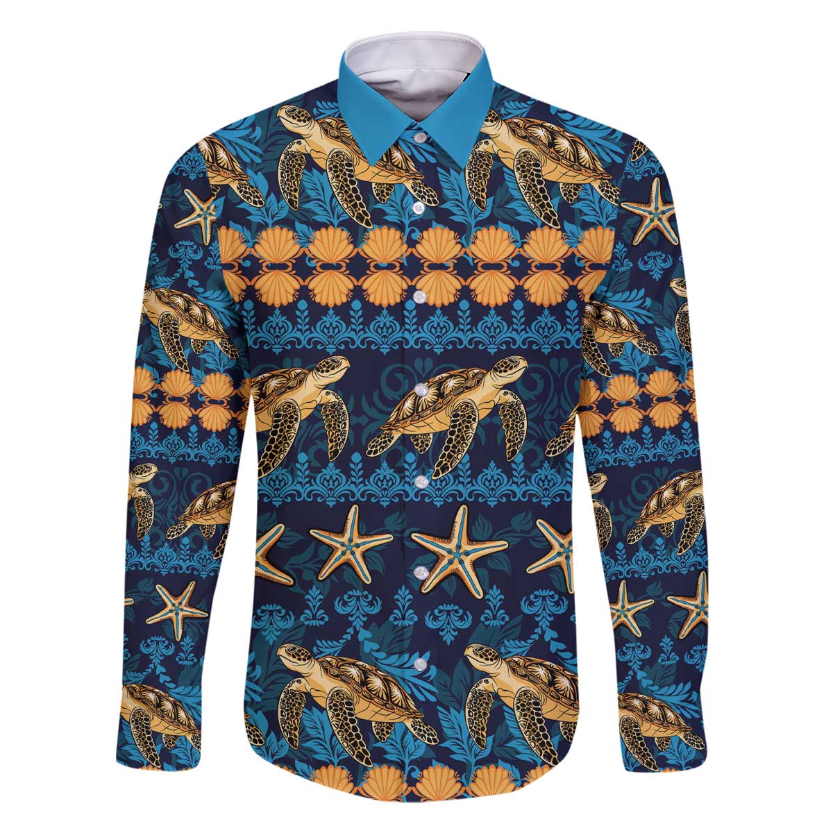 Hawaii Turtles Starfish Unique Pattern Family Matching Off The Shoulder Long Sleeve Dress and Hawaiian Shirt - Polynesian Pride