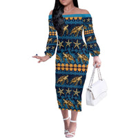 Hawaii Turtles Starfish Unique Pattern Family Matching Off The Shoulder Long Sleeve Dress and Hawaiian Shirt - Polynesian Pride