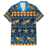 Hawaii Turtles Starfish Unique Pattern Family Matching Off Shoulder Short Dress and Hawaiian Shirt - Polynesian Pride