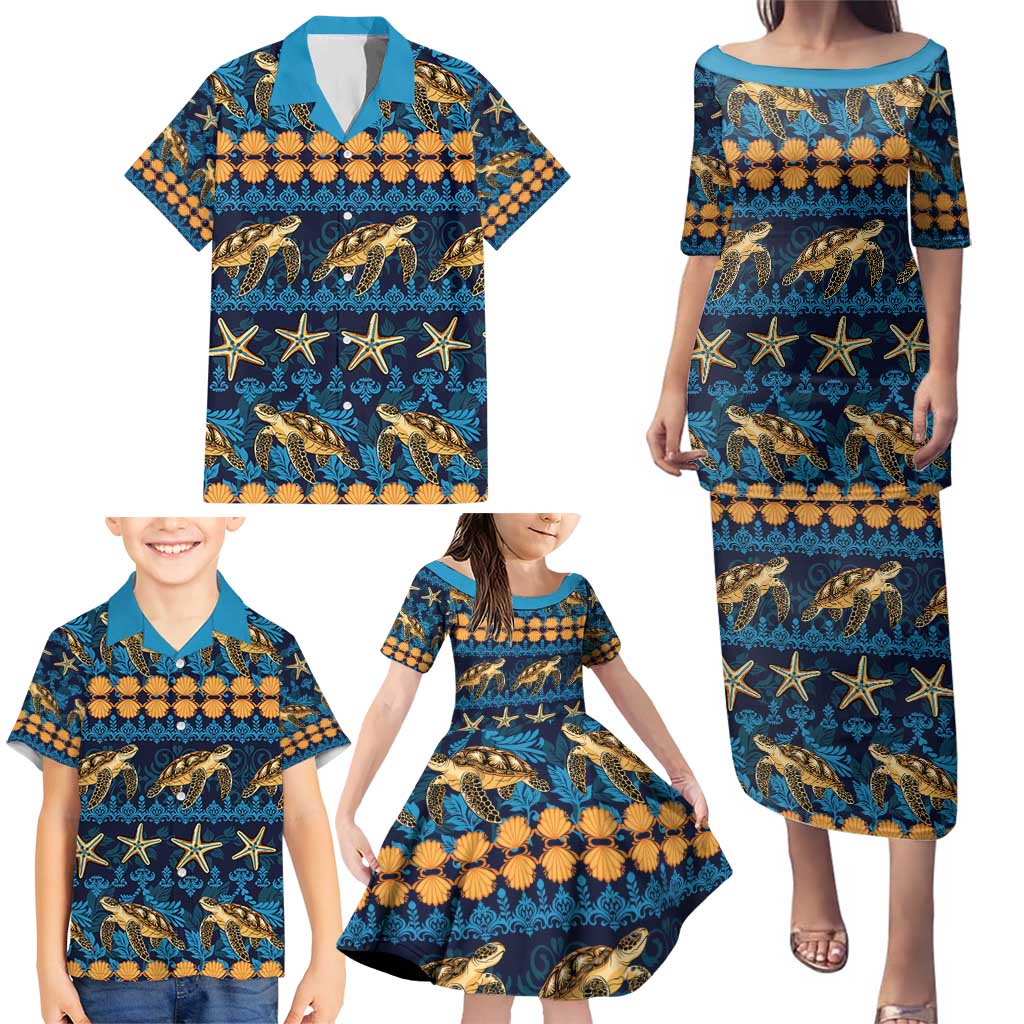 Hawaii Turtles Starfish Unique Pattern Family Matching Puletasi and Hawaiian Shirt - Polynesian Pride