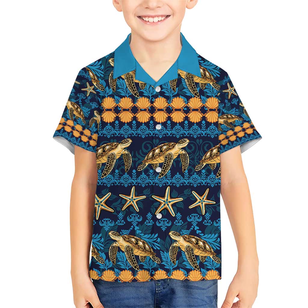 Hawaii Turtles Starfish Unique Pattern Family Matching Short Sleeve Bodycon Dress and Hawaiian Shirt - Polynesian Pride
