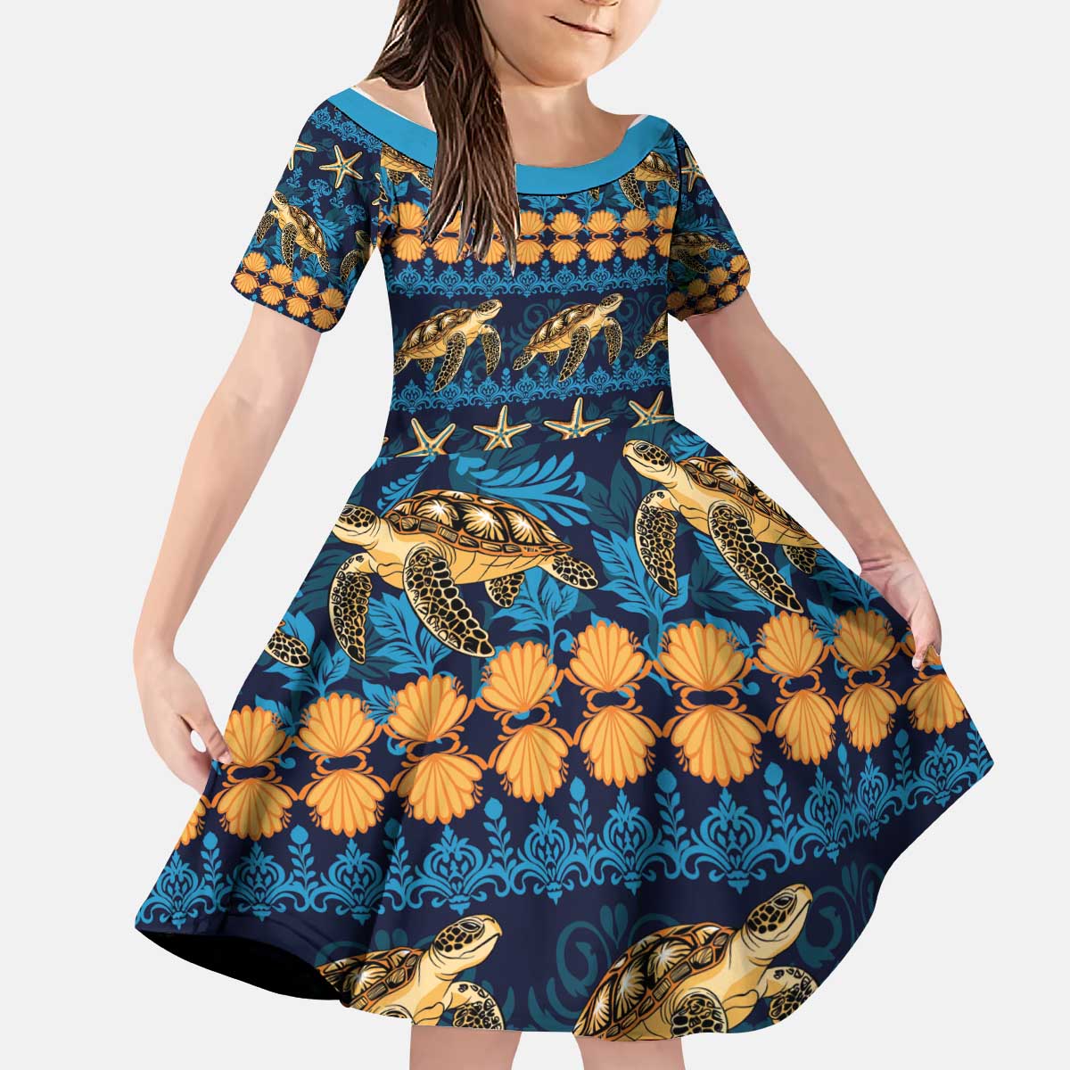 Hawaii Turtles Starfish Unique Pattern Kid Short Sleeve Dress - Polynesian Pride
