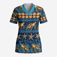 Hawaii Turtles Starfish Unique Pattern Scrub Top LT01 Adult Blue - Polynesian Pride