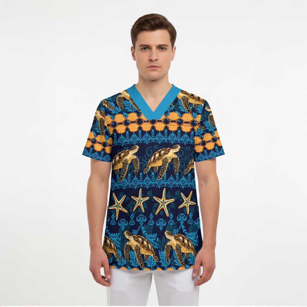 Hawaii Turtles Starfish Unique Pattern Scrub Top LT01 - Polynesian Pride