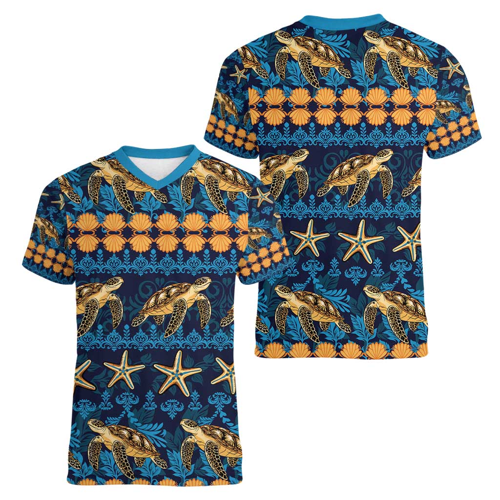 Hawaii Turtles Starfish Unique Pattern Women V-Neck T-Shirt - Polynesian Pride