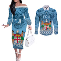 Custom Fiji Rugby Couples Matching Off The Shoulder Long Sleeve Dress and Long Sleeve Button Shirts Fijian Go 2023 World Cup LT01 Blue - Polynesian Pride