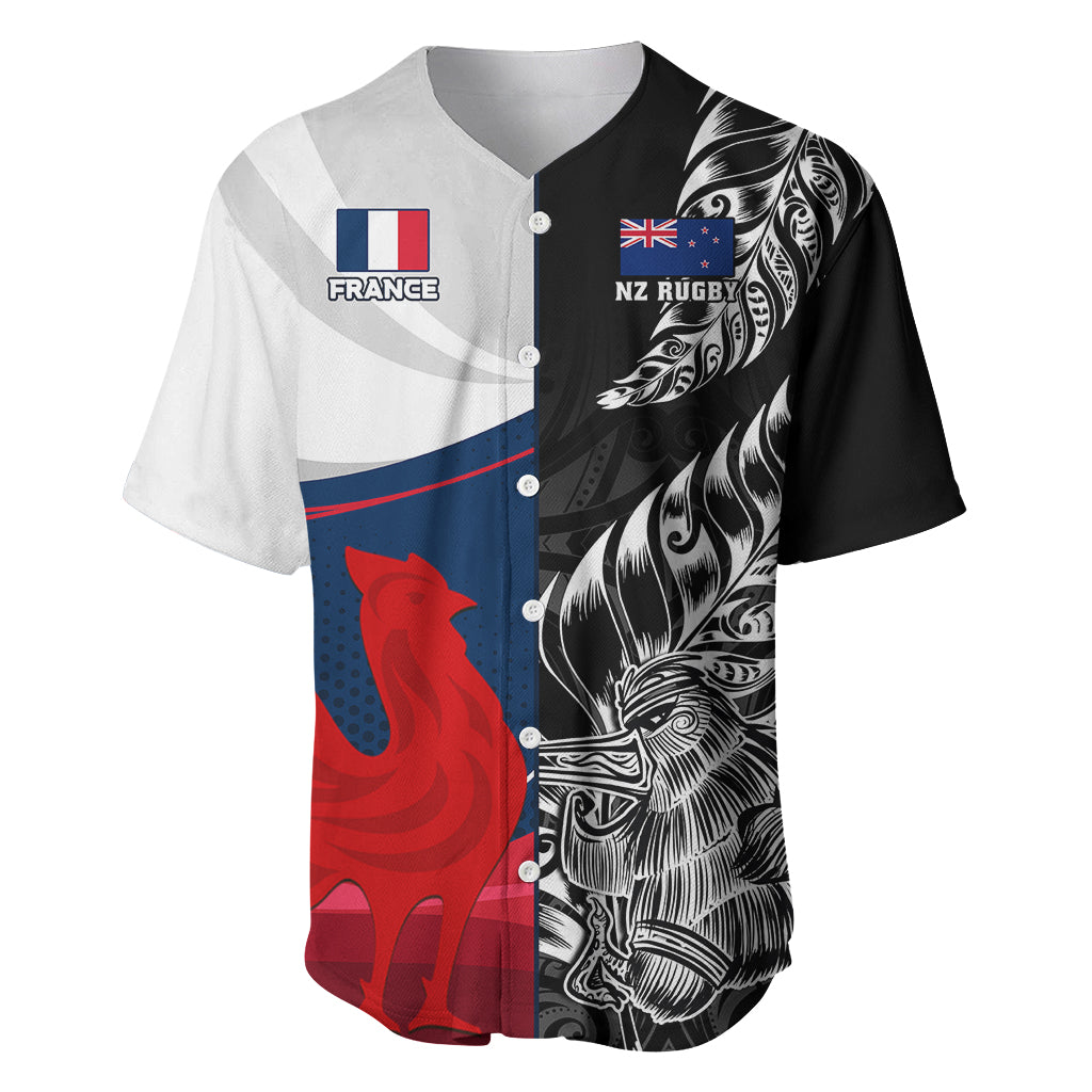 Custom New Zealand And France Rugby Baseball Jersey XV de France Kiwi Silver Fern 2023 World Cup LT01 Black - Polynesian Pride